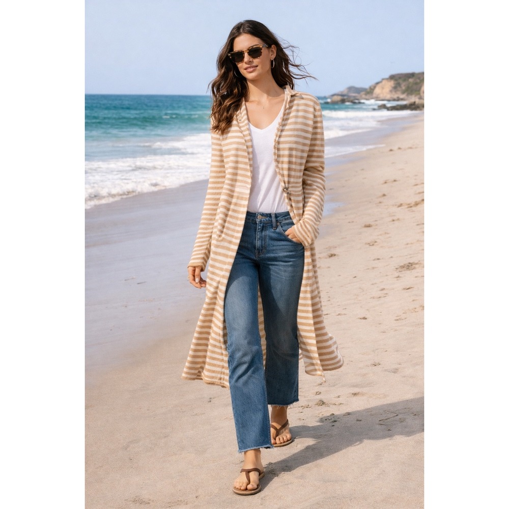 Sonia Rykiel Striped Hooded Long Coat Cardigan Size L US10 FR42